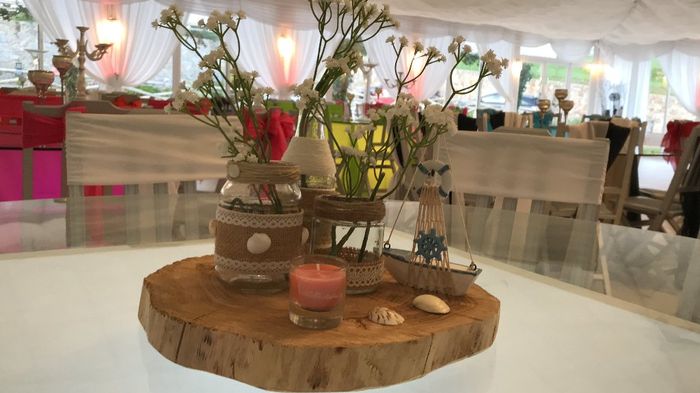 Centro de mesa, com cor salmão com toalha de cor branca e cadeiras laço de cor salmão.