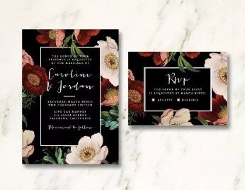 L.  Convites Florais Inspirações Casamento Moderno - Fundo Preto 