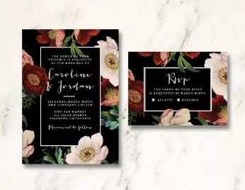 L.  Convites Florais Inspirações Casamento Moderno - Fundo Preto 