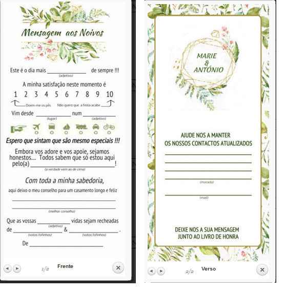 cartões para os convidados preencherem