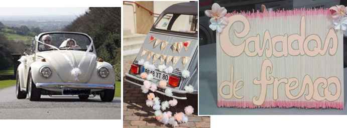 Carro dos noivos (Um carocha bege descapotável + ponpons crepe e placa)