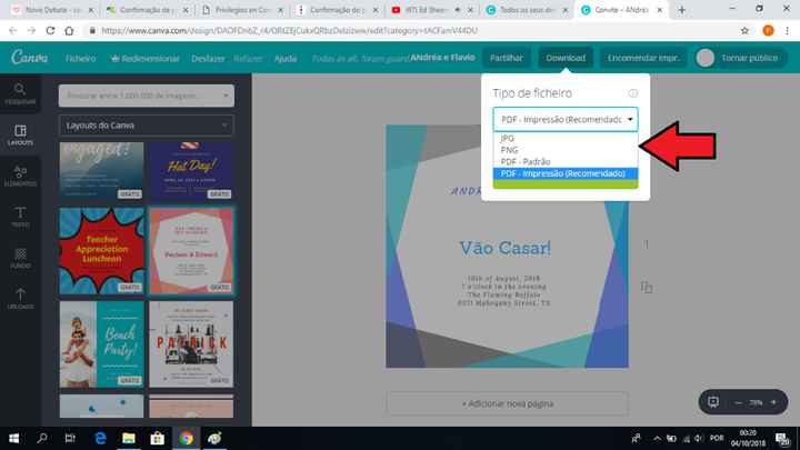 TÊm a opção JPG, PDF, e mais umas quantas (eu gravo sempre na que diz PDF recomendado)