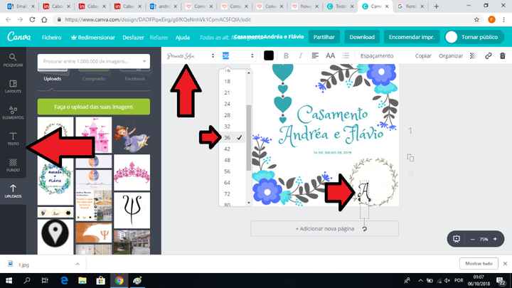 Depois decidi criar um monograma para o colocar dentro do convite. Carreguei novamente em "texto" es