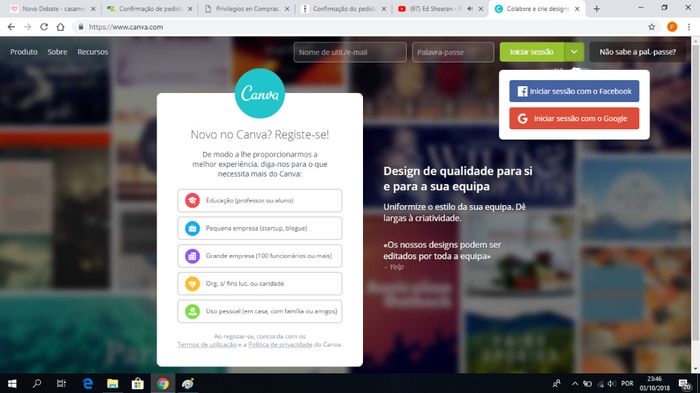 Em seguida escolher como querem entrar se pelo facebook se pelo e-mail do google