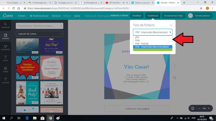 TÊm a opção JPG, PDF, e mais umas quantas (eu gravo sempre na que diz PDF recomendado)