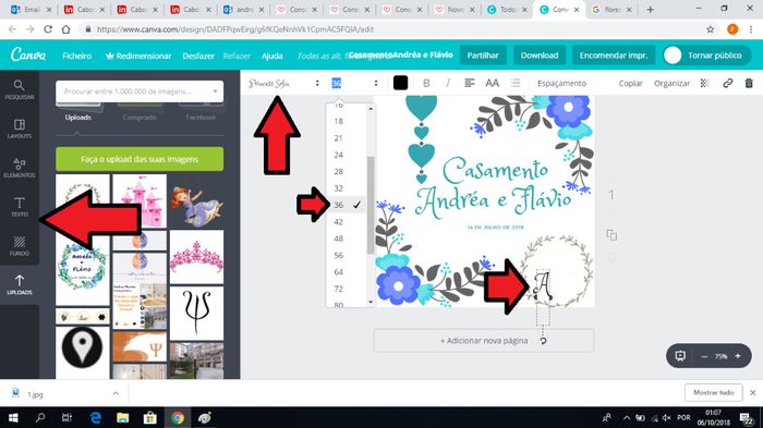 Depois decidi criar um monograma para o colocar dentro do convite. Carreguei novamente em "texto" es
