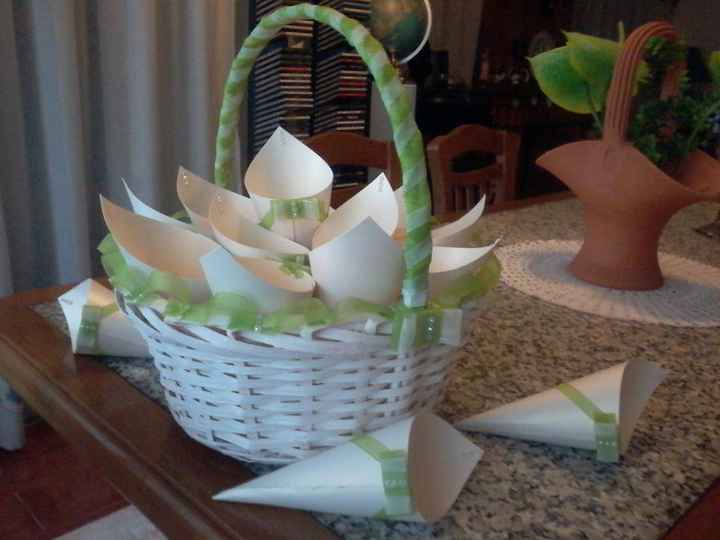 A nossa cesta (decorada por nós) com os cones de arroz
