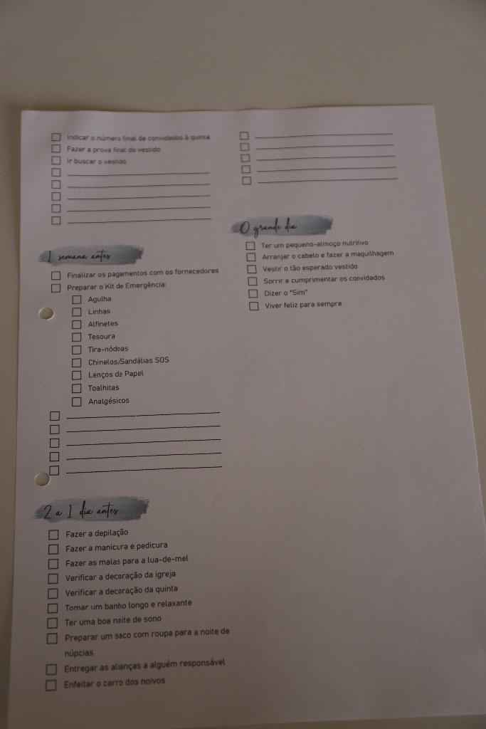 Checklist - 1 semana antes até ao grande dia