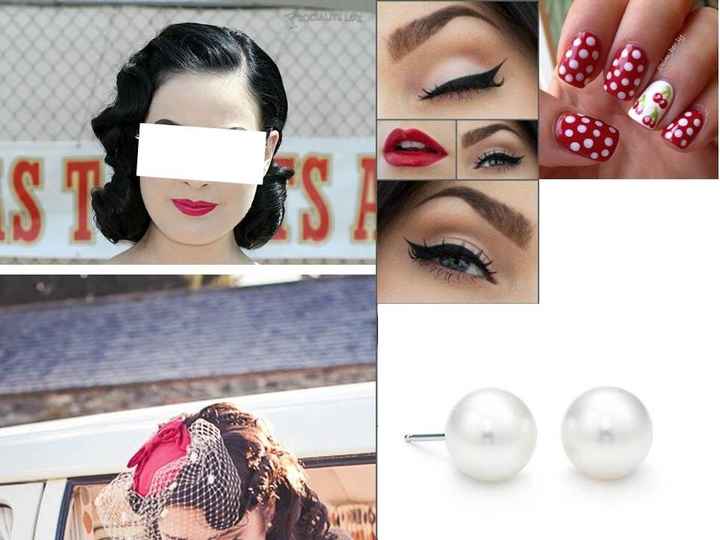 cabelo preto. pinderico na cabeça bem retro com mini véu. Unhas bem no tema!!! Brincos ultra clássic