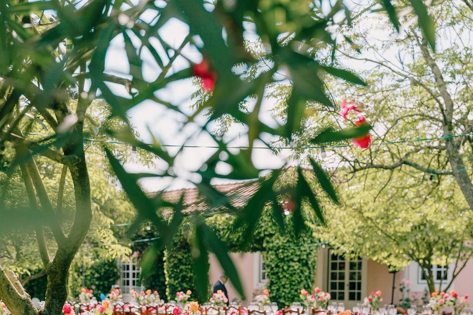 Mesas corridas no jardim