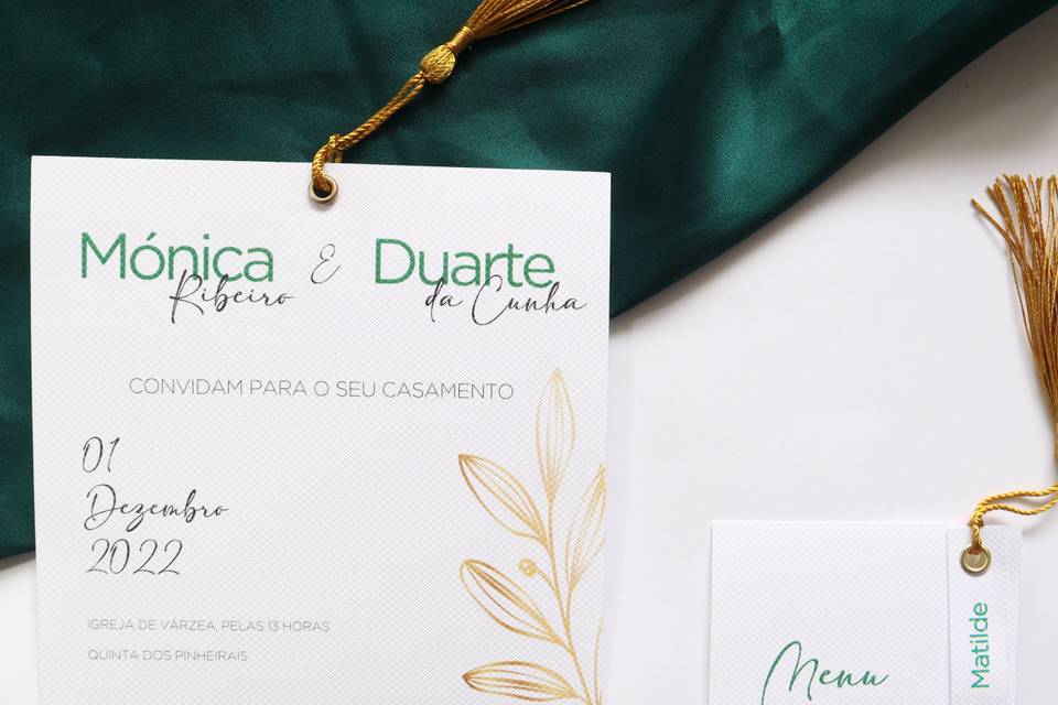 Convite, marcador de mesa e menu