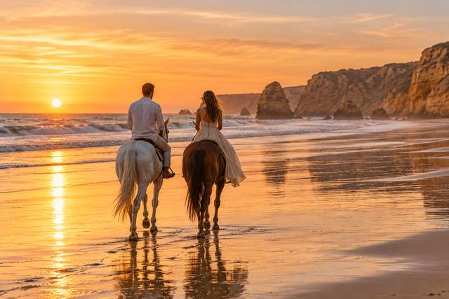 Passeio a cavalo ao pôr do sol