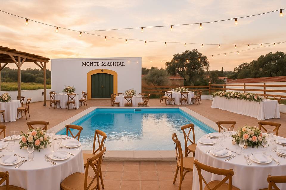 Piscina com mesas festa
