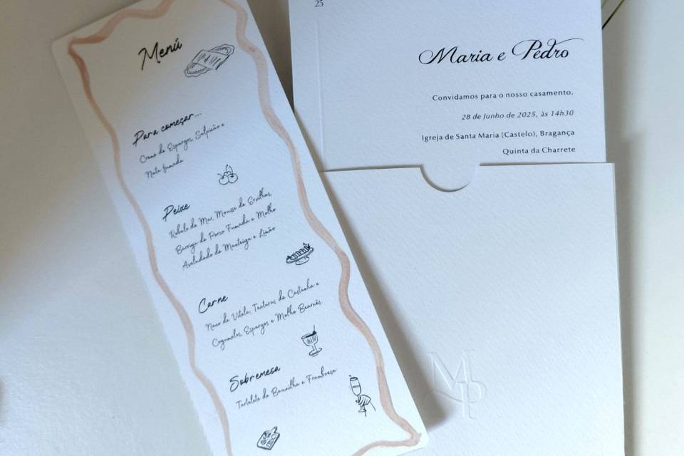Convite, envelope e menus M&P