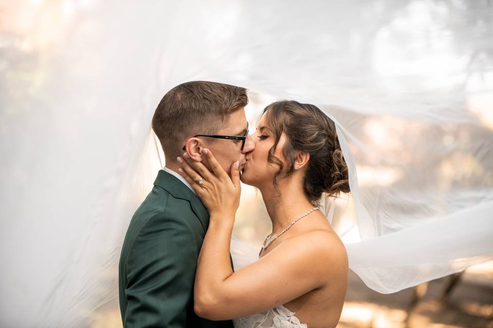 Fotografia de noivos sob o véu