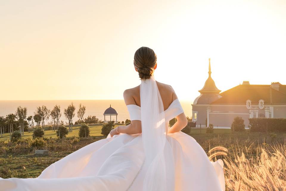 Bride overlooking sea