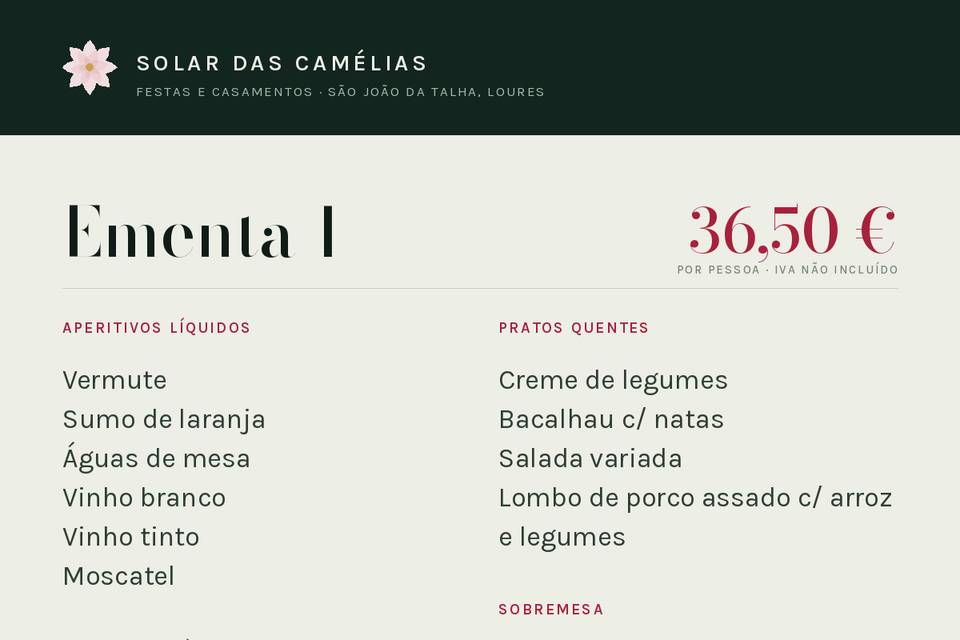 Ementa 1 — Tradicional · 36,50