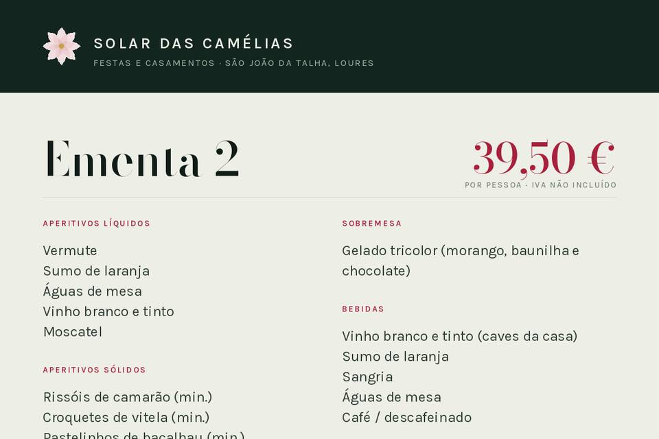 Ementa 2 — Com mesa de doces ·