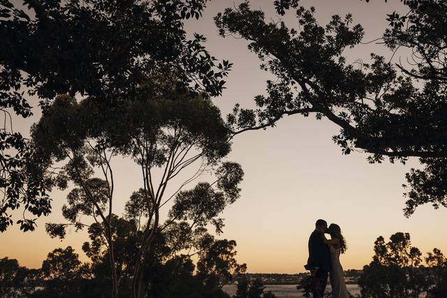 Sunset bride and groom