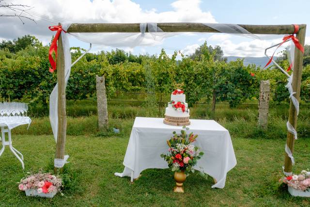 Relvado com mesa do bolo
